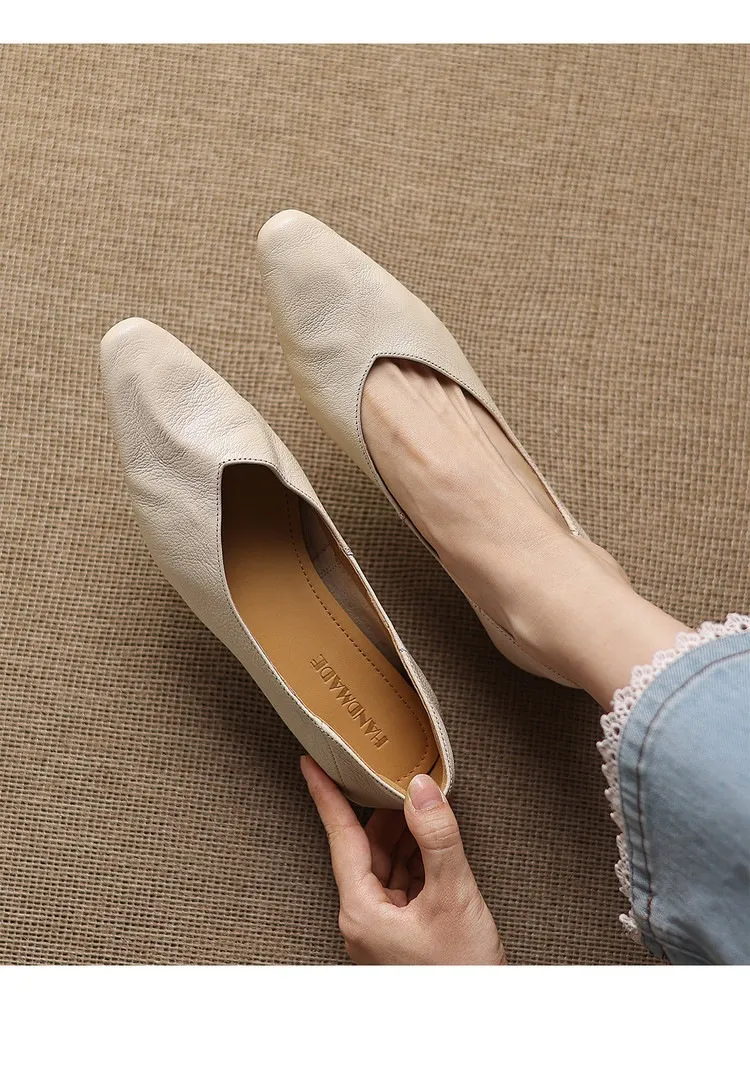 Comfortable flat Korean style low-cut women's shoes for spring and autumn, made of first-layer sheepskin, square toe, soft, single shoes with low heels.