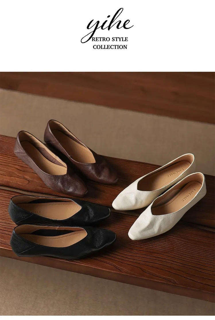 Comfortable flat Korean style low-cut women's shoes for spring and autumn, made of first-layer sheepskin, square toe, soft, single shoes with low heels.