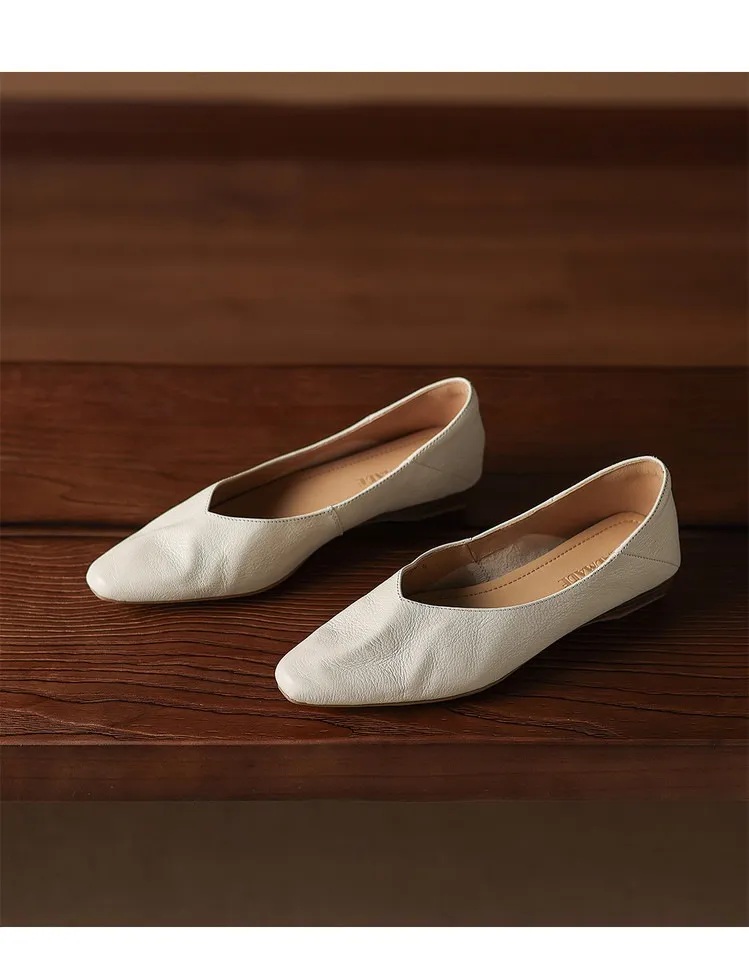 Comfortable flat Korean style low-cut women's shoes for spring and autumn, made of first-layer sheepskin, square toe, soft, single shoes with low heels.