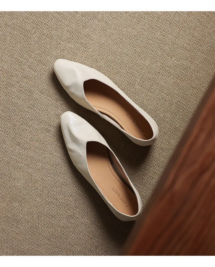 Comfortable flat Korean style low-cut women's shoes for spring and autumn, made of first-layer sheepskin, square toe, soft, single shoes with low heels.