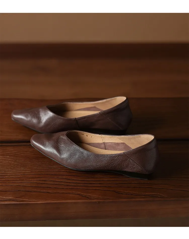 Comfortable flat Korean style low-cut women's shoes for spring and autumn, made of first-layer sheepskin, square toe, soft, single shoes with low heels.