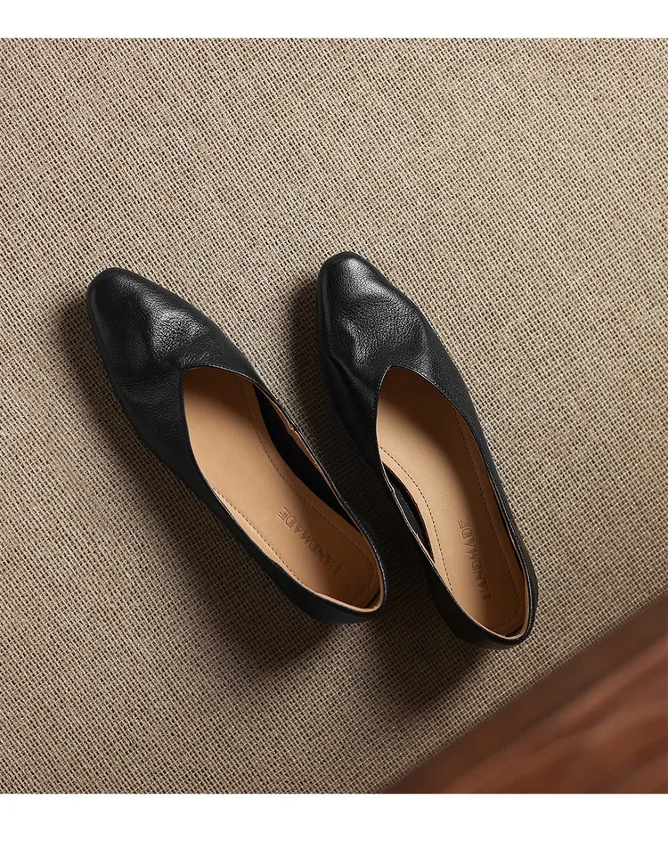 Comfortable flat Korean style low-cut women's shoes for spring and autumn, made of first-layer sheepskin, square toe, soft, single shoes with low heels.