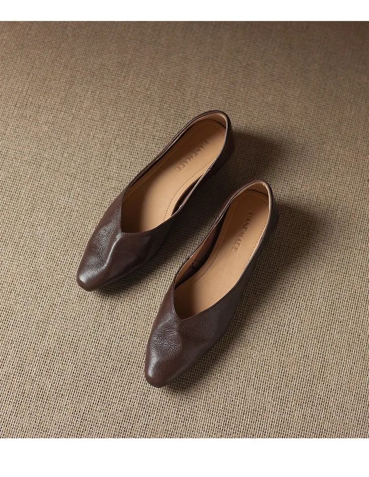Comfortable flat Korean style low-cut women's shoes for spring and autumn, made of first-layer sheepskin, square toe, soft, single shoes with low heels.