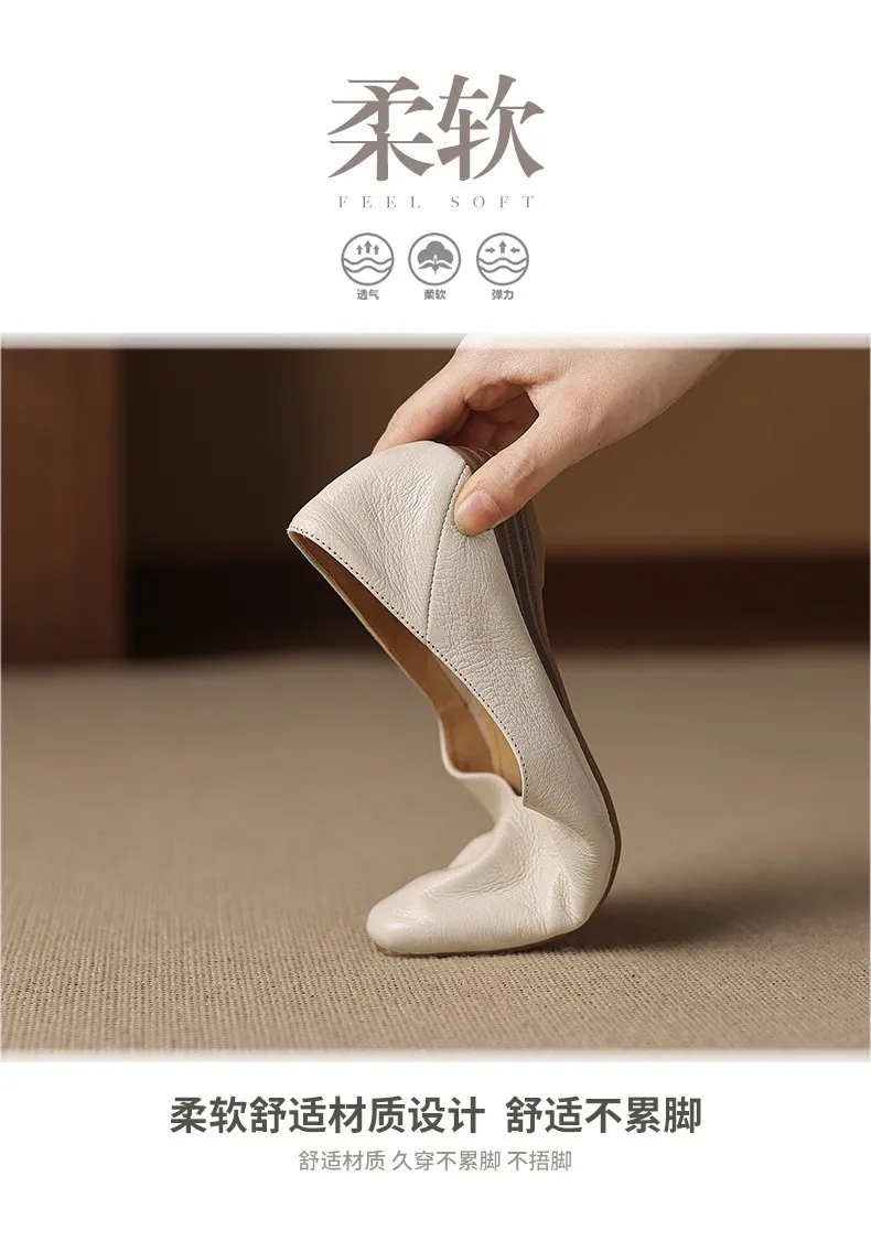 Comfortable flat Korean style low-cut women's shoes for spring and autumn, made of first-layer sheepskin, square toe, soft, single shoes with low heels.