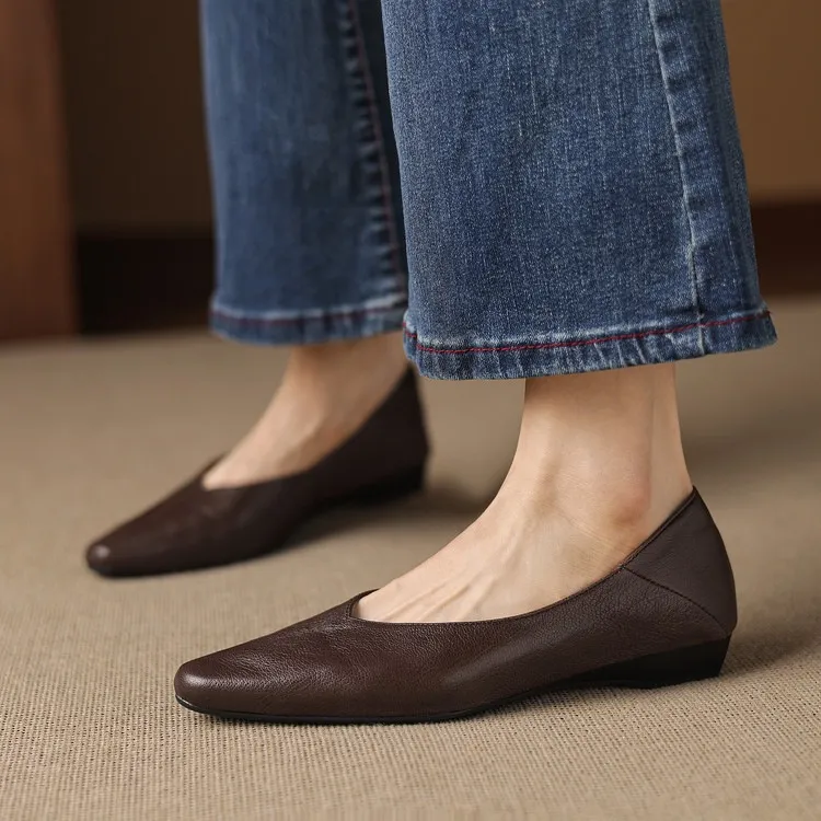 Comfortable flat Korean style low-cut women's shoes for spring and autumn, made of first-layer sheepskin, square toe, soft, single shoes with low heels.