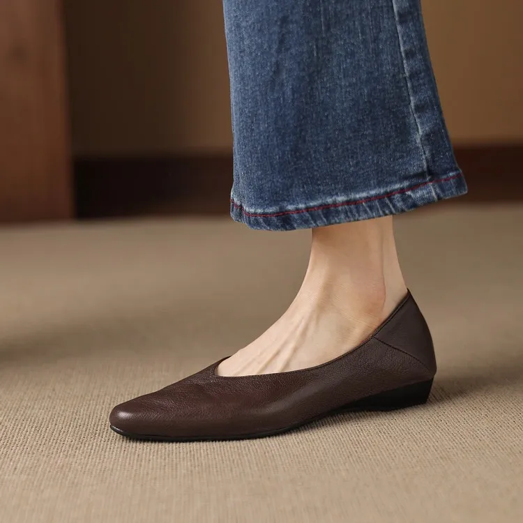 Comfortable flat Korean style low-cut women's shoes for spring and autumn, made of first-layer sheepskin, square toe, soft, single shoes with low heels.