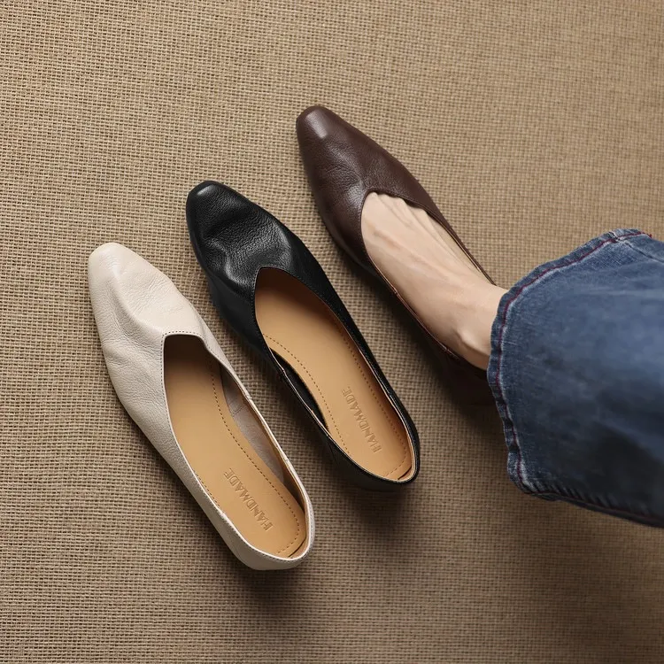 Comfortable flat Korean style low-cut women's shoes for spring and autumn, made of first-layer sheepskin, square toe, soft, single shoes with low heels.