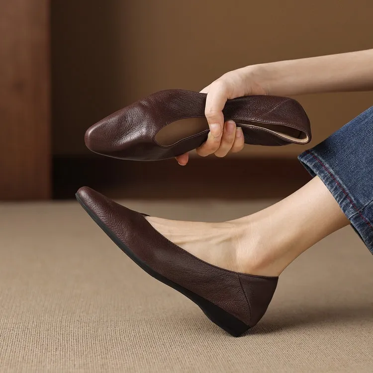 Comfortable flat Korean style low-cut women's shoes for spring and autumn, made of first-layer sheepskin, square toe, soft, single shoes with low heels.