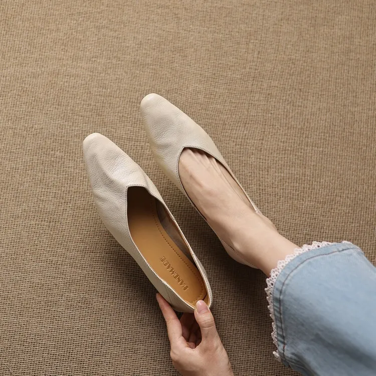 Comfortable flat Korean style low-cut women's shoes for spring and autumn, made of first-layer sheepskin, square toe, soft, single shoes with low heels.