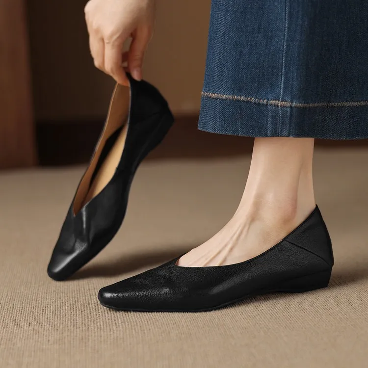 Comfortable flat Korean style low-cut women's shoes for spring and autumn, made of first-layer sheepskin, square toe, soft, single shoes with low heels.