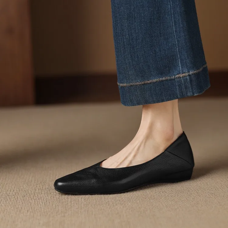Comfortable flat Korean style low-cut women's shoes for spring and autumn, made of first-layer sheepskin, square toe, soft, single shoes with low heels.