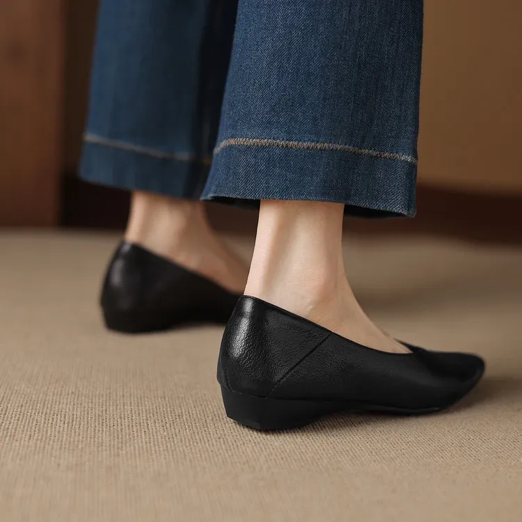 Comfortable flat Korean style low-cut women's shoes for spring and autumn, made of first-layer sheepskin, square toe, soft, single shoes with low heels.