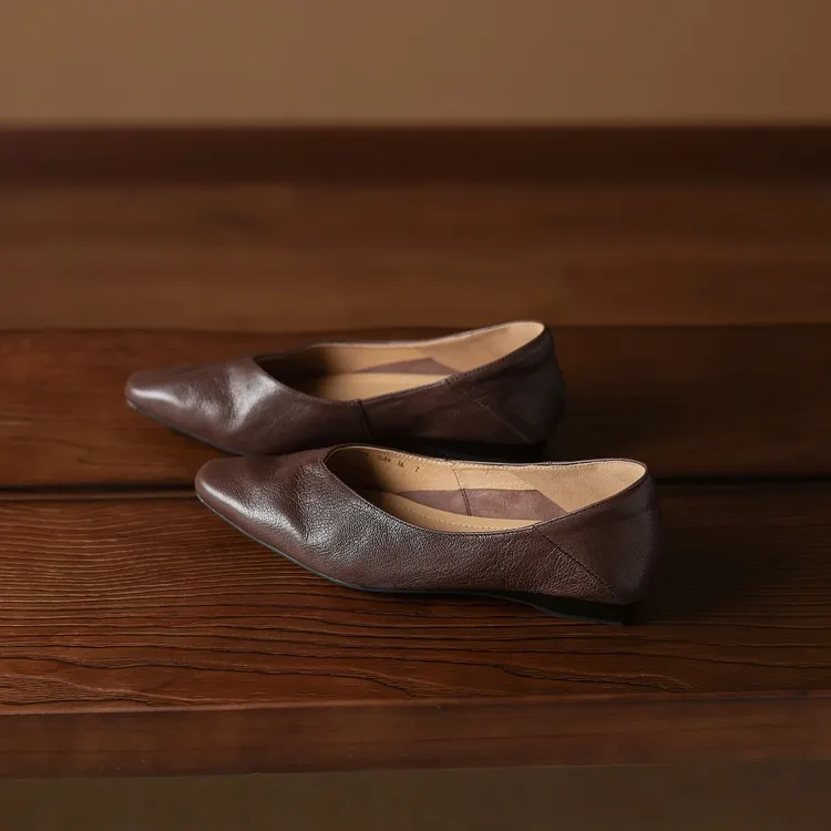 Comfortable flat Korean style low-cut women's shoes for spring and autumn, made of first-layer sheepskin, square toe, soft, single shoes with low heels.