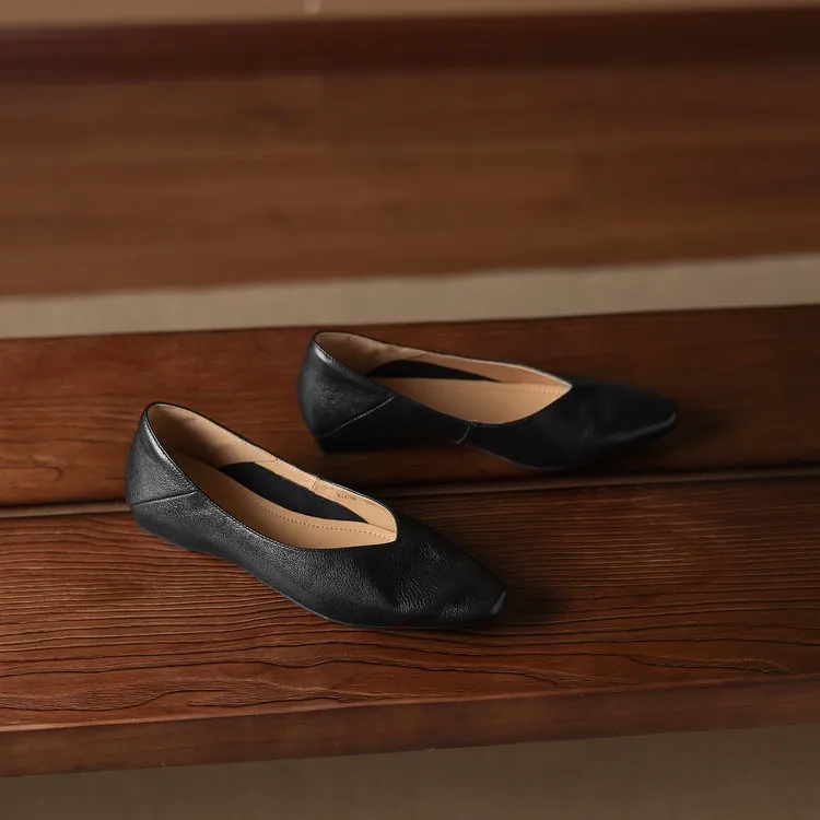 Comfortable flat Korean style low-cut women's shoes for spring and autumn, made of first-layer sheepskin, square toe, soft, single shoes with low heels.