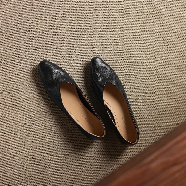 Comfortable flat Korean style low-cut women's shoes for spring and autumn, made of first-layer sheepskin, square toe, soft, single shoes with low heels.
