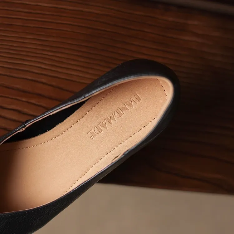 Comfortable flat Korean style low-cut women's shoes for spring and autumn, made of first-layer sheepskin, square toe, soft, single shoes with low heels.