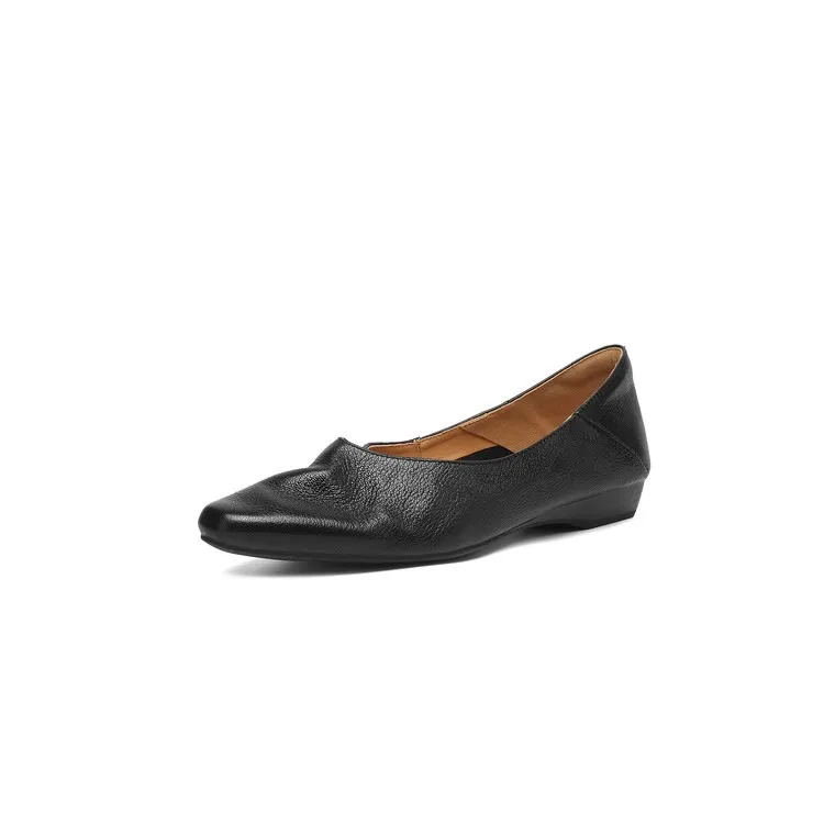 Comfortable flat Korean style low-cut women's shoes for spring and autumn, made of first-layer sheepskin, square toe, soft, single shoes with low heels.