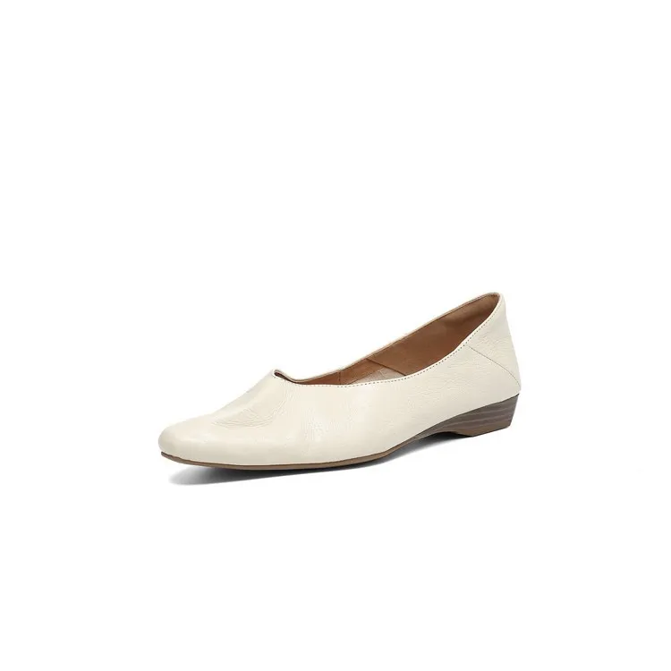 Comfortable flat Korean style low-cut women's shoes for spring and autumn, made of first-layer sheepskin, square toe, soft, single shoes with low heels.