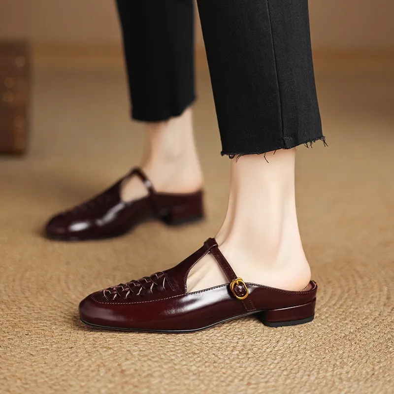 Cowhide woven openwork comfortable Roman style breathable closed toe backless sandals plus size women's shoes