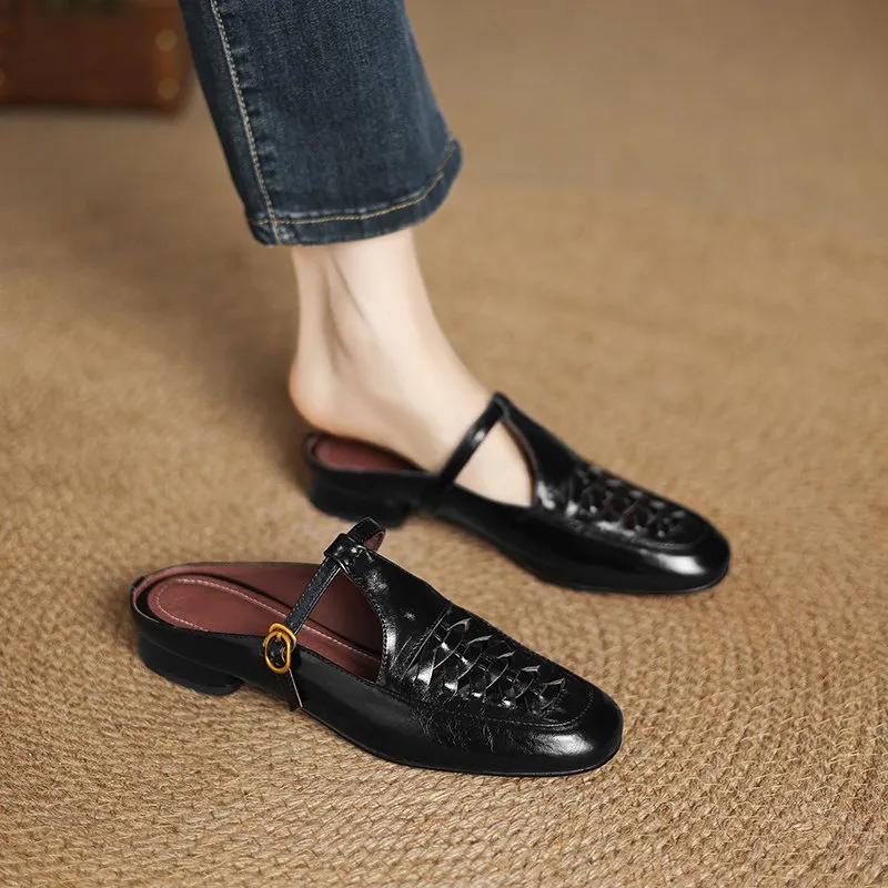 Cowhide woven openwork comfortable Roman style breathable closed toe backless sandals plus size women's shoes