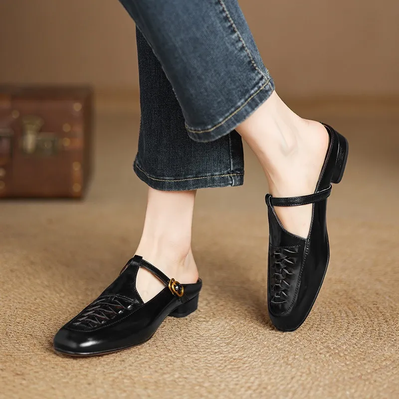 Cowhide woven openwork comfortable Roman style breathable closed toe backless sandals plus size women's shoes