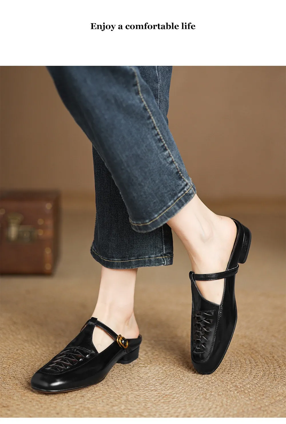 Cowhide woven openwork comfortable Roman style breathable closed toe backless sandals plus size women's shoes