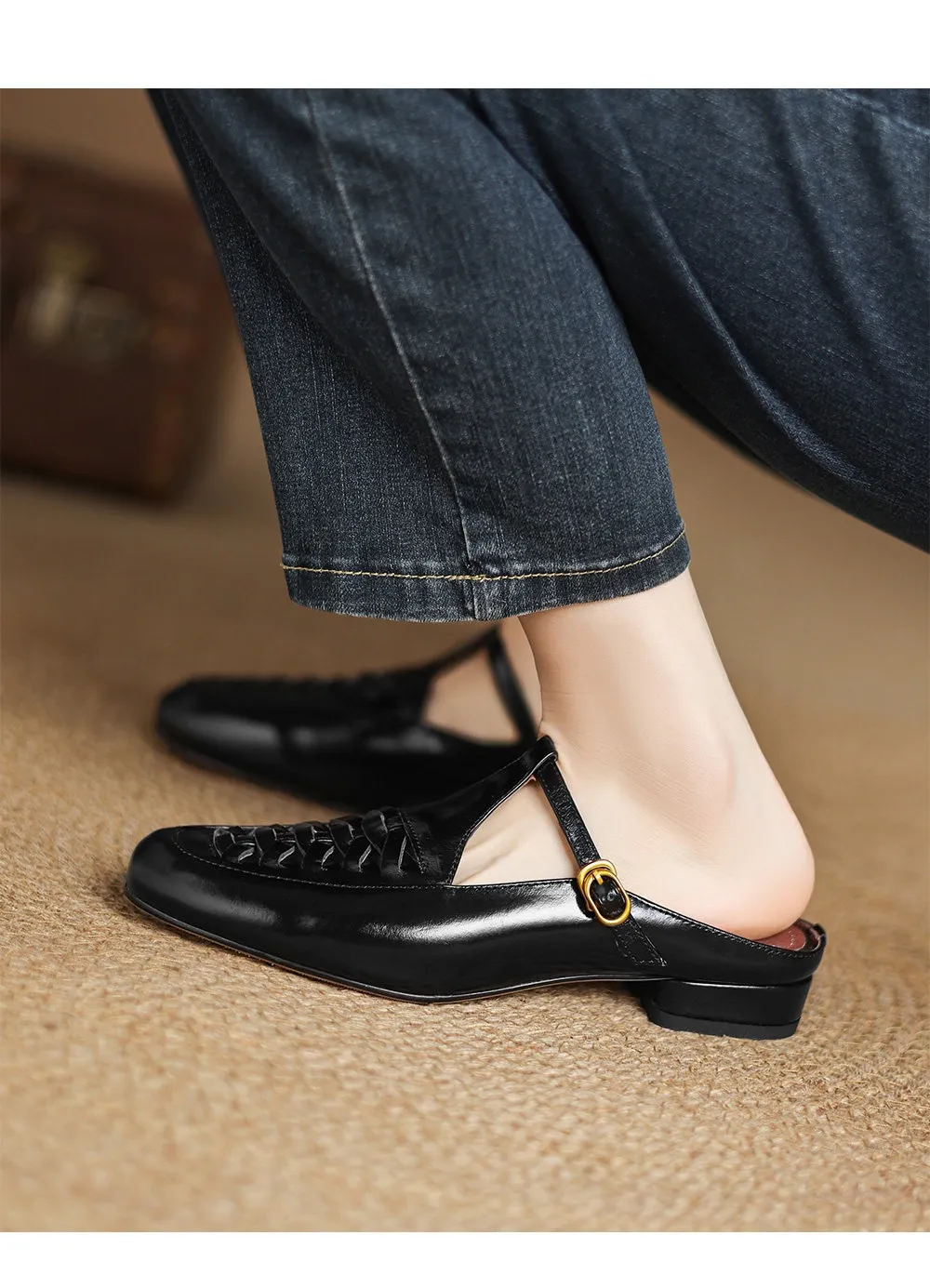 Cowhide woven openwork comfortable Roman style breathable closed toe backless sandals plus size women's shoes
