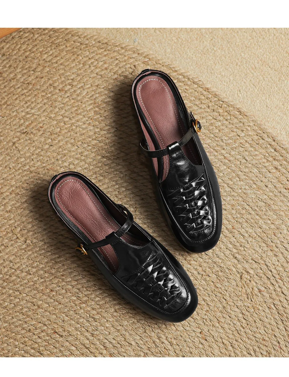 Cowhide woven openwork comfortable Roman style breathable closed toe backless sandals plus size women's shoes