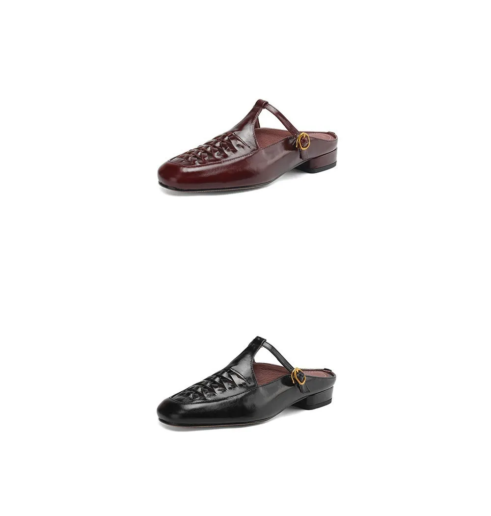 Cowhide woven openwork comfortable Roman style breathable closed toe backless sandals plus size women's shoes