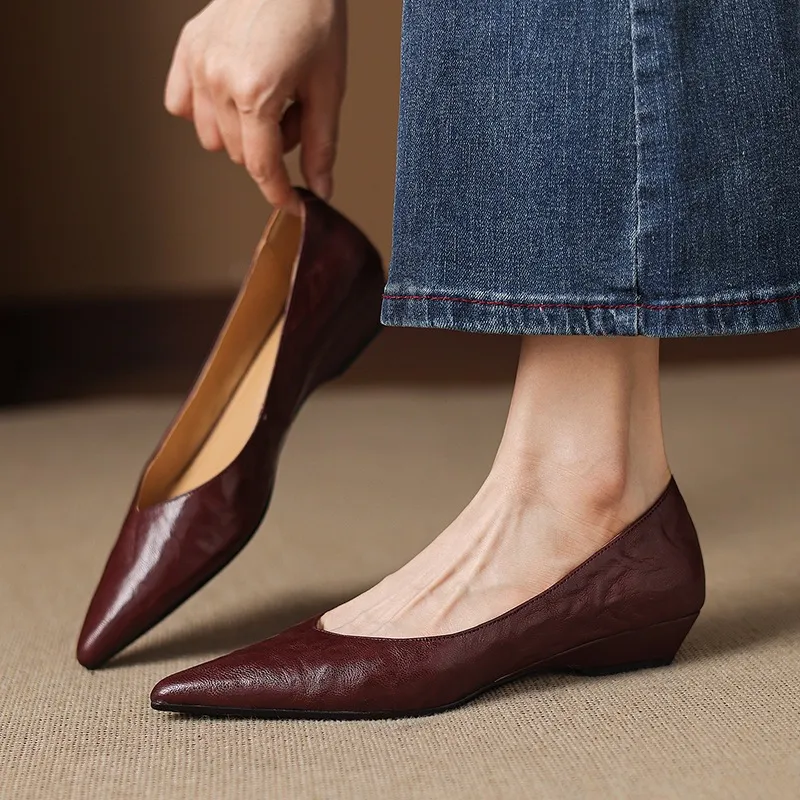 Spring and Autumn Top-Grain Sheepskin Pointed-Toe Single Shoes V-Cut Small Leather Shoes Simple Retro Slimming Wedge Heel Women's Shoes