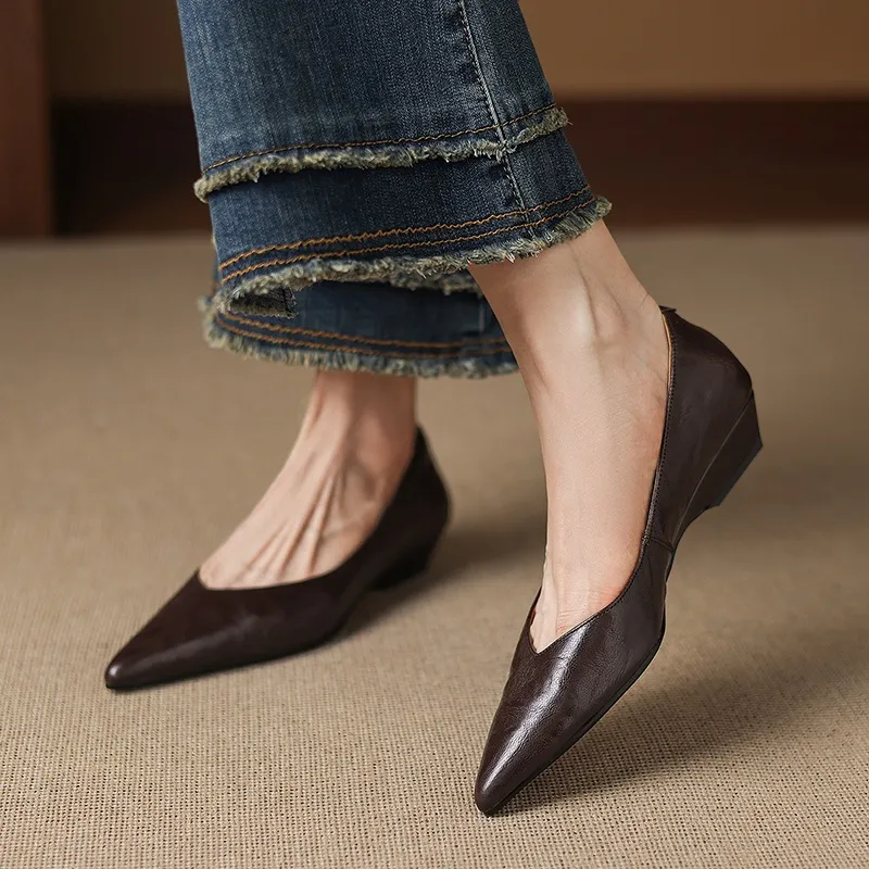 Spring and Autumn Top-Grain Sheepskin Pointed-Toe Single Shoes V-Cut Small Leather Shoes Simple Retro Slimming Wedge Heel Women's Shoes