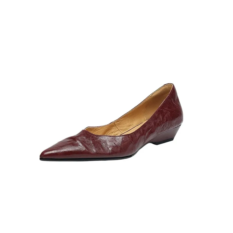 Spring and Autumn Top-Grain Sheepskin Pointed-Toe Single Shoes V-Cut Small Leather Shoes Simple Retro Slimming Wedge Heel Women's Shoes
