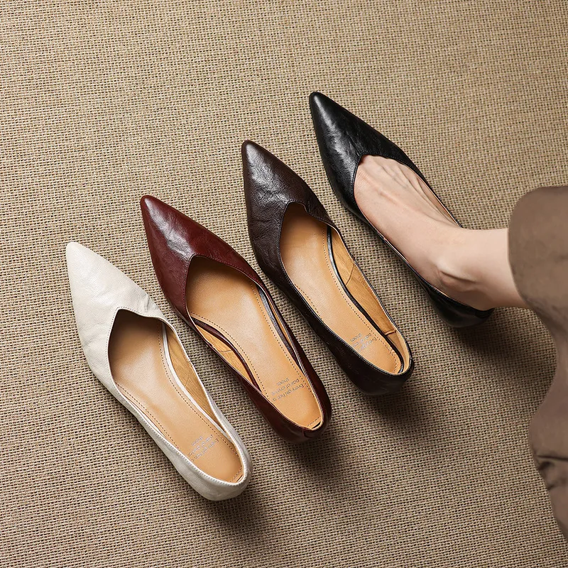 Spring and Autumn Top-Grain Sheepskin Pointed-Toe Single Shoes V-Cut Small Leather Shoes Simple Retro Slimming Wedge Heel Women's Shoes