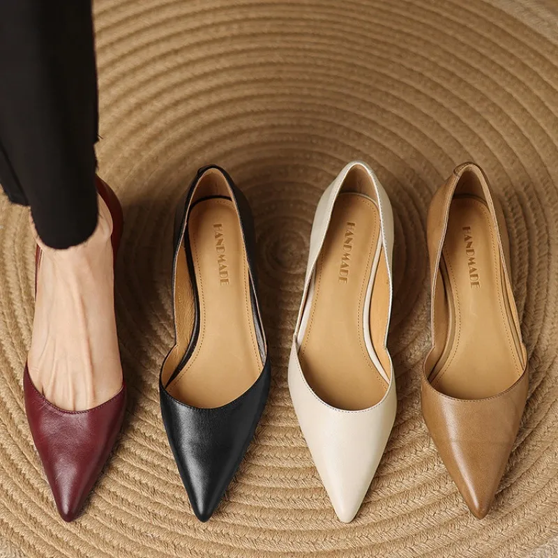 Video features women's spring/summer casual slip-on open-toe genuine leather sandals with pointed toes, low-cut design, and stiletto heels.