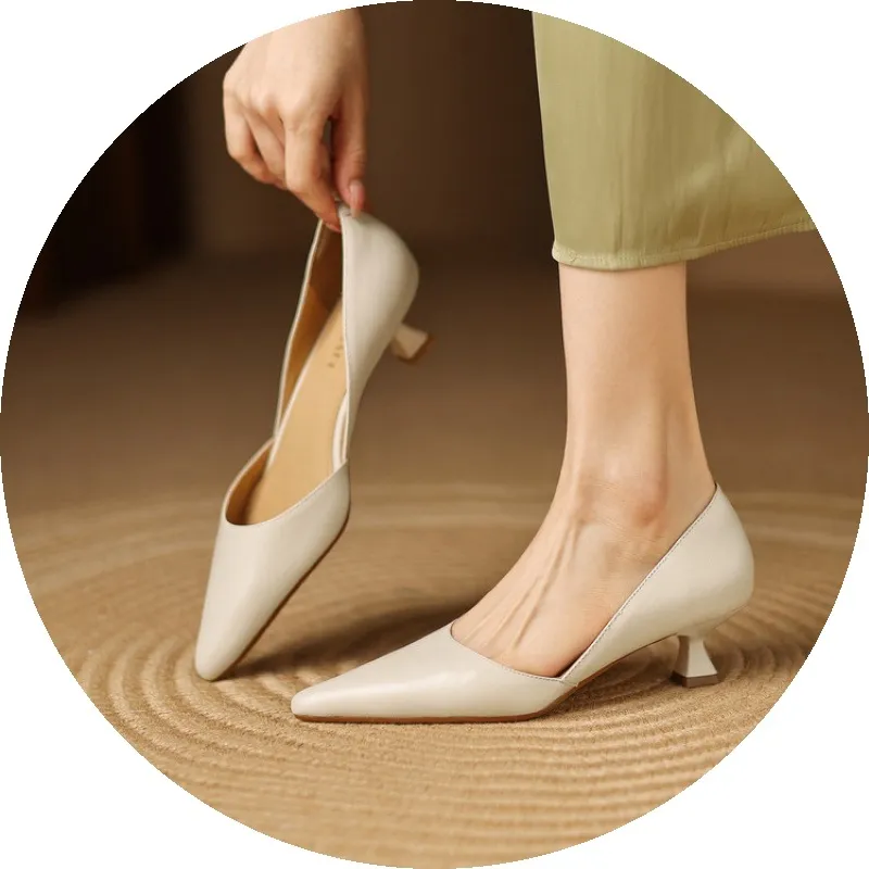 Video features women's spring/summer casual slip-on open-toe genuine leather sandals with pointed toes, low-cut design, and stiletto heels.
