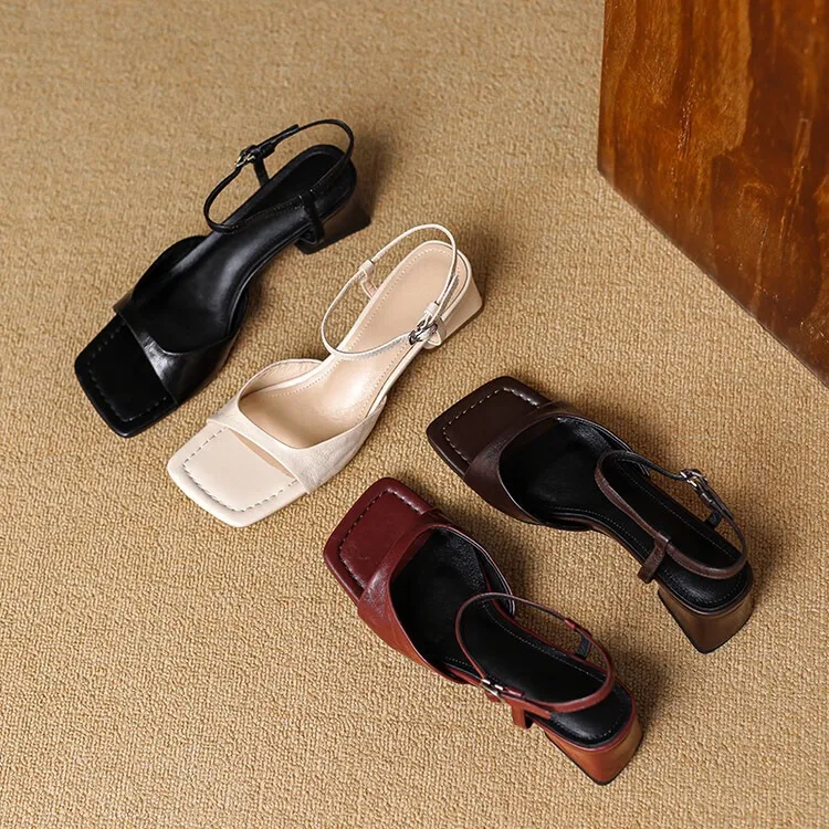 French retro square toe peep-toe sandals with a single buckle, simple square toe open-toe chunky heel women's shoes