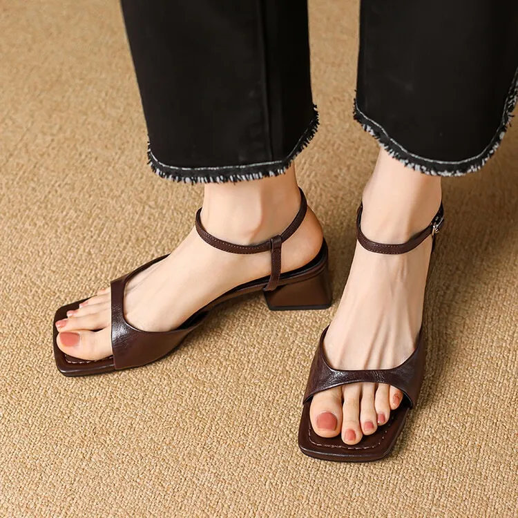 French retro square toe peep-toe sandals with a single buckle, simple square toe open-toe chunky heel women's shoes
