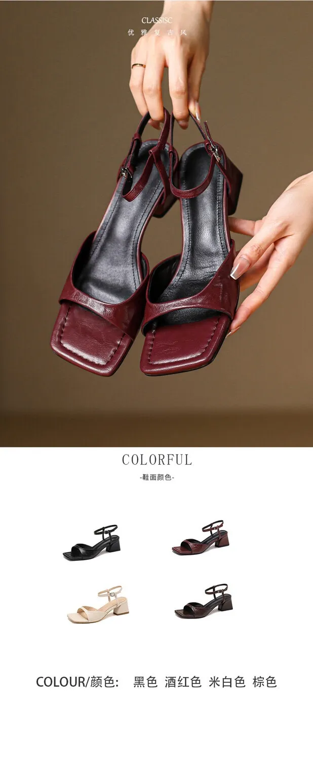 French retro square toe peep-toe sandals with a single buckle, simple square toe open-toe chunky heel women's shoes