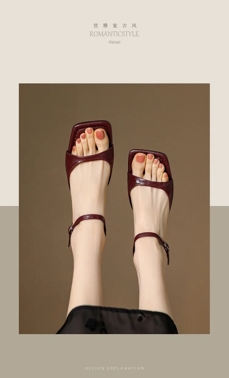 French retro square toe peep-toe sandals with a single buckle, simple square toe open-toe chunky heel women's shoes