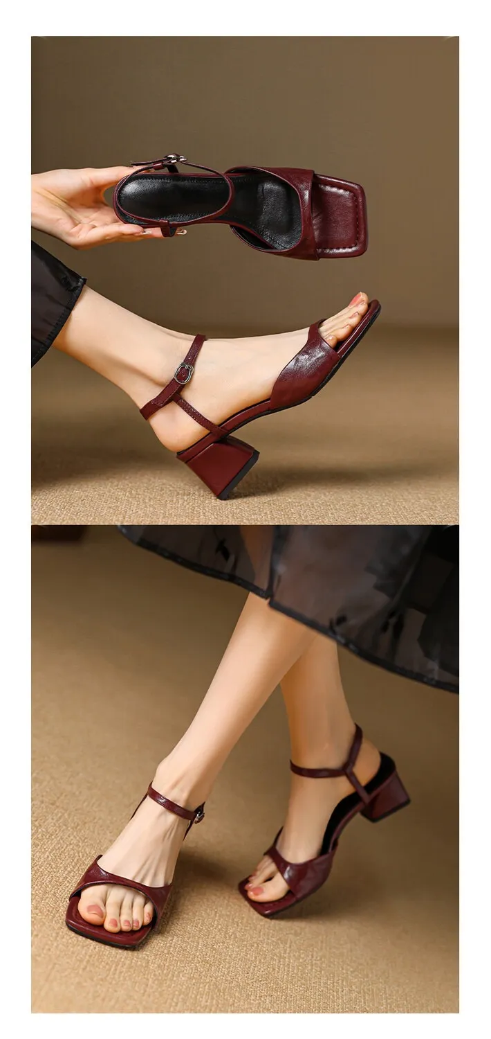 French retro square toe peep-toe sandals with a single buckle, simple square toe open-toe chunky heel women's shoes