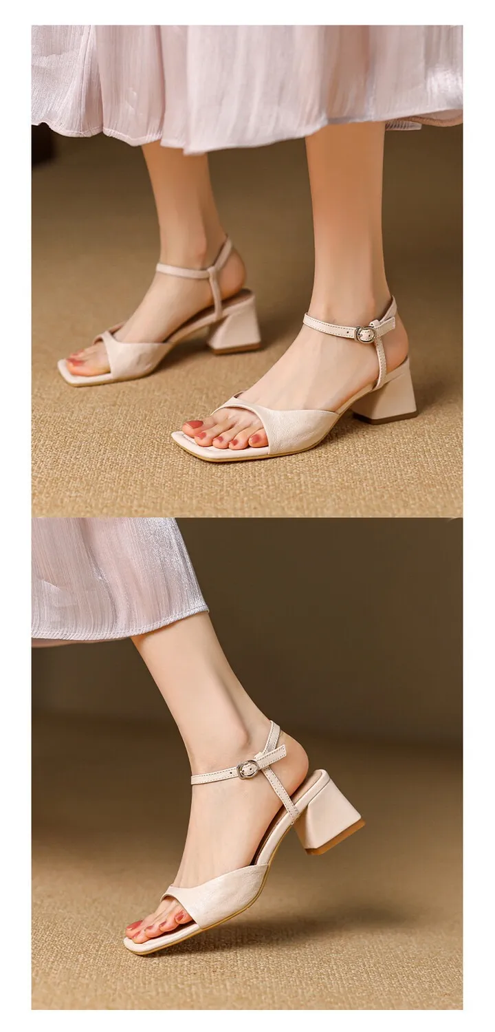 French retro square toe peep-toe sandals with a single buckle, simple square toe open-toe chunky heel women's shoes