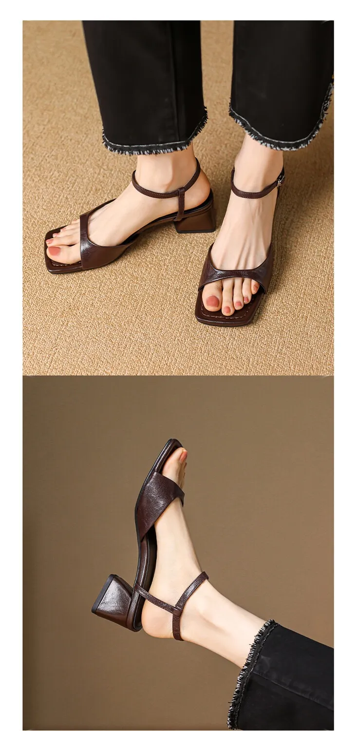 French retro square toe peep-toe sandals with a single buckle, simple square toe open-toe chunky heel women's shoes