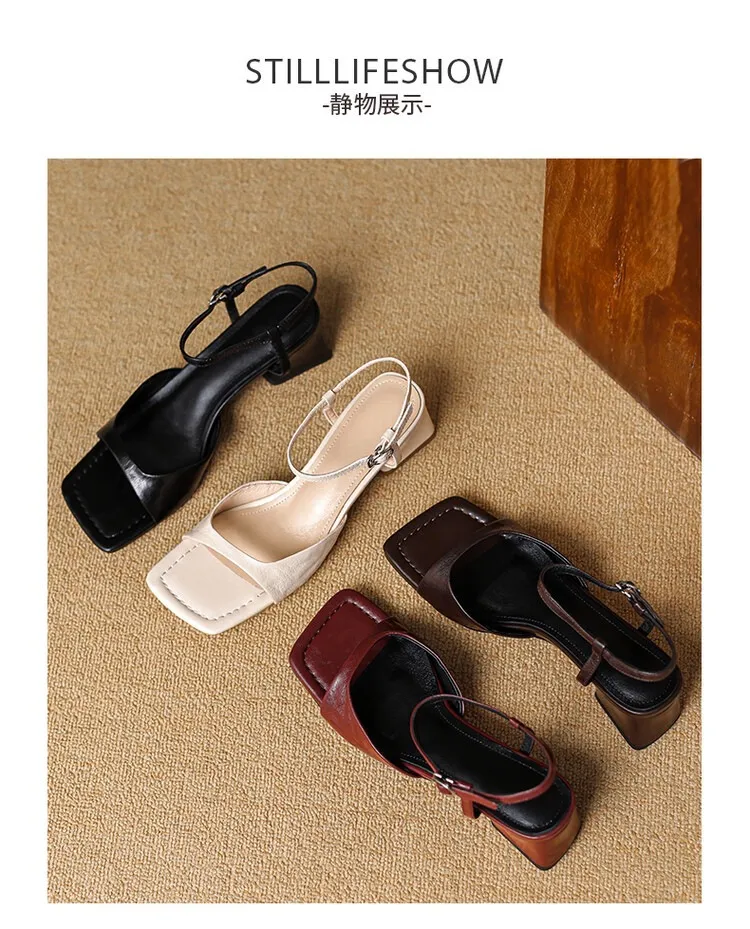 French retro square toe peep-toe sandals with a single buckle, simple square toe open-toe chunky heel women's shoes
