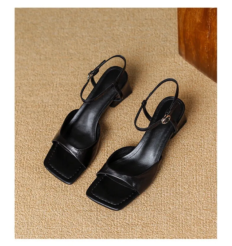 French retro square toe peep-toe sandals with a single buckle, simple square toe open-toe chunky heel women's shoes