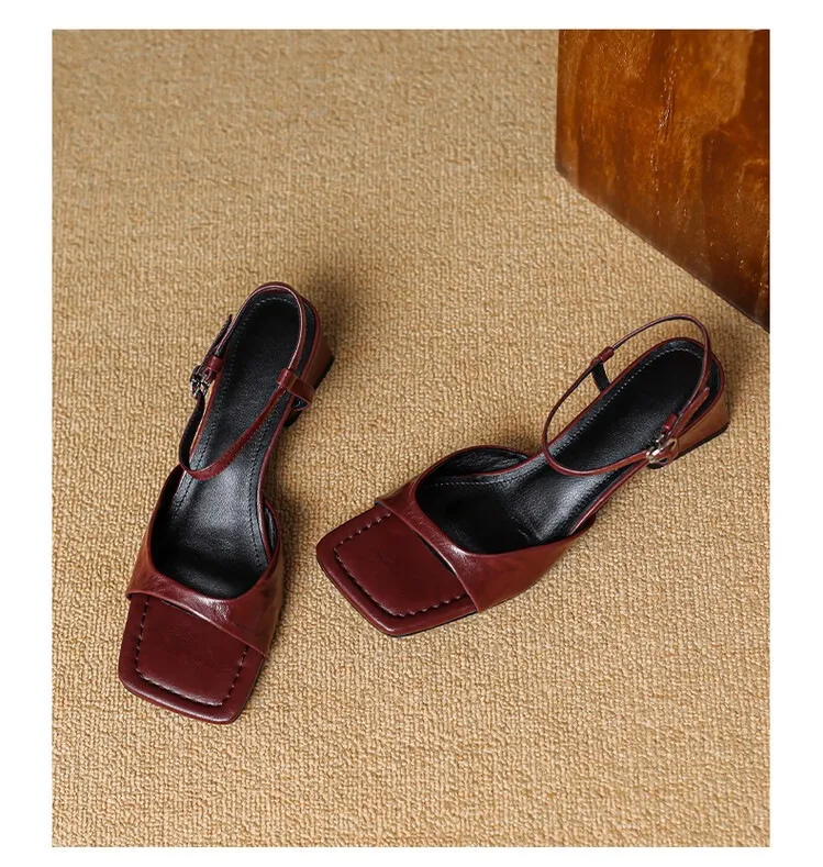 French retro square toe peep-toe sandals with a single buckle, simple square toe open-toe chunky heel women's shoes