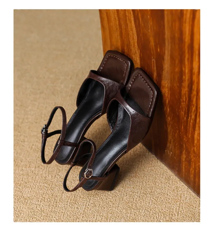 French retro square toe peep-toe sandals with a single buckle, simple square toe open-toe chunky heel women's shoes