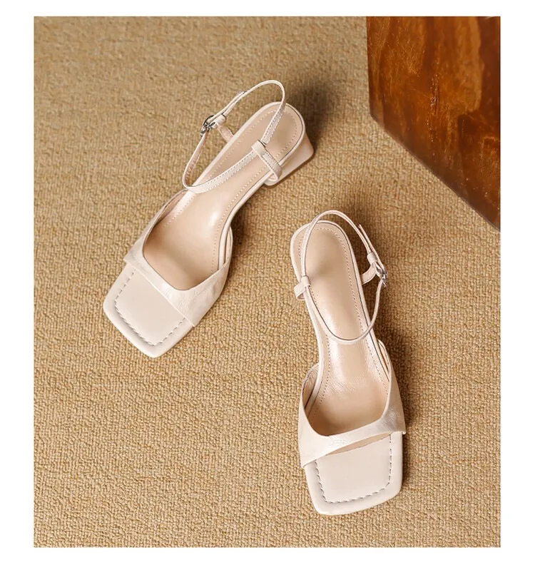 French retro square toe peep-toe sandals with a single buckle, simple square toe open-toe chunky heel women's shoes