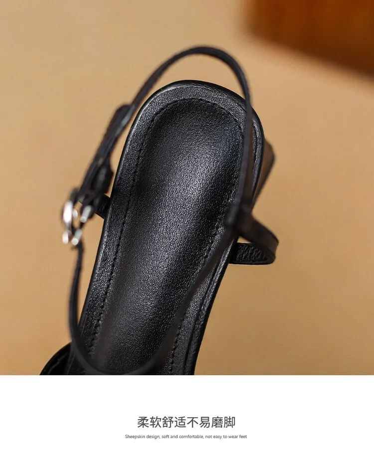 French retro square toe peep-toe sandals with a single buckle, simple square toe open-toe chunky heel women's shoes