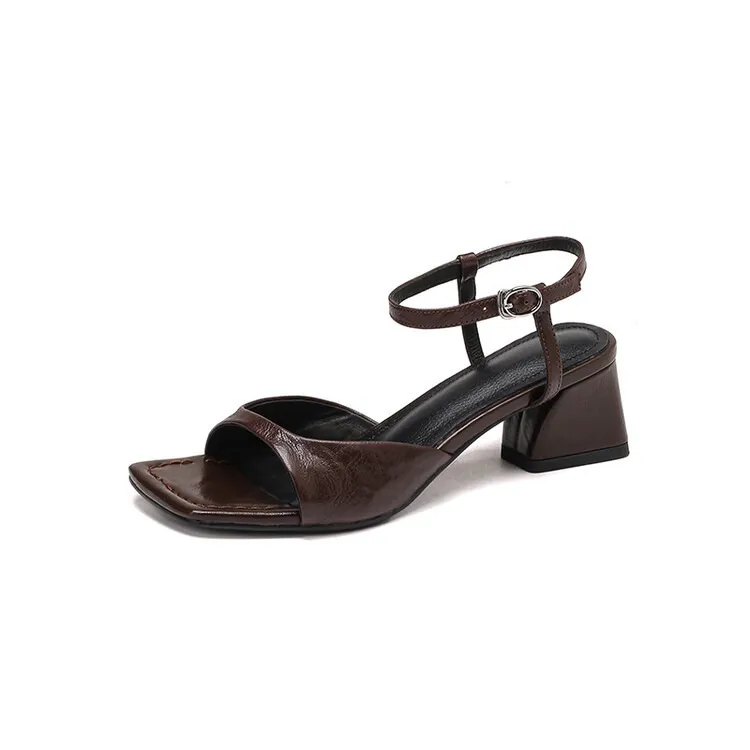 French retro square toe peep-toe sandals with a single buckle, simple square toe open-toe chunky heel women's shoes