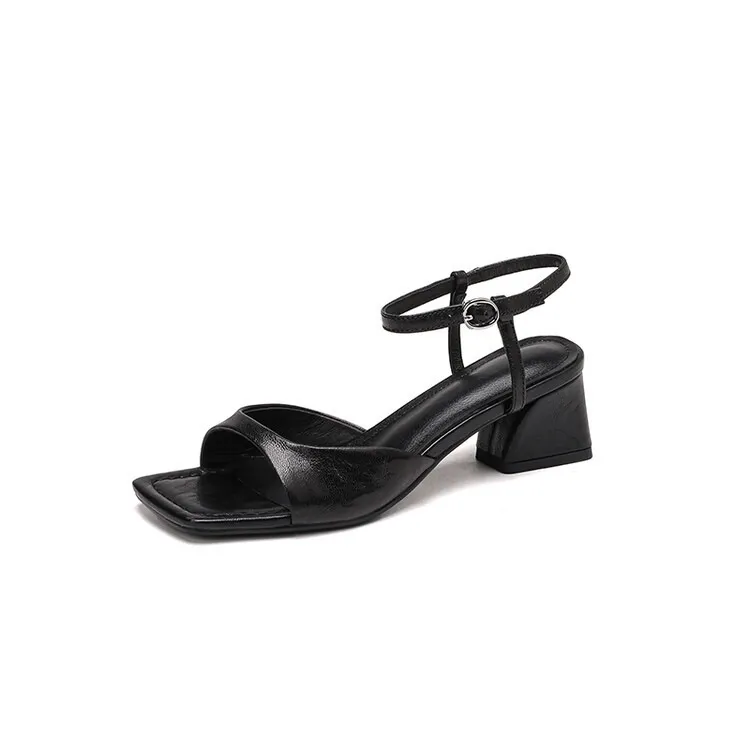 French retro square toe peep-toe sandals with a single buckle, simple square toe open-toe chunky heel women's shoes